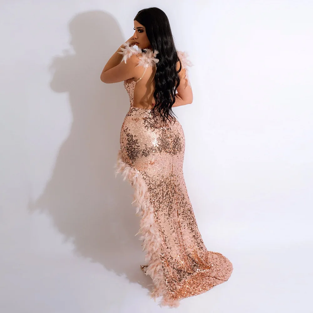 CM.YAYA Women Sequined Spaghetti Strap Feather Hem High Side Slit Mermaid Trumpet Bodycon Midi Evening Sexy Party Maxi Dresses