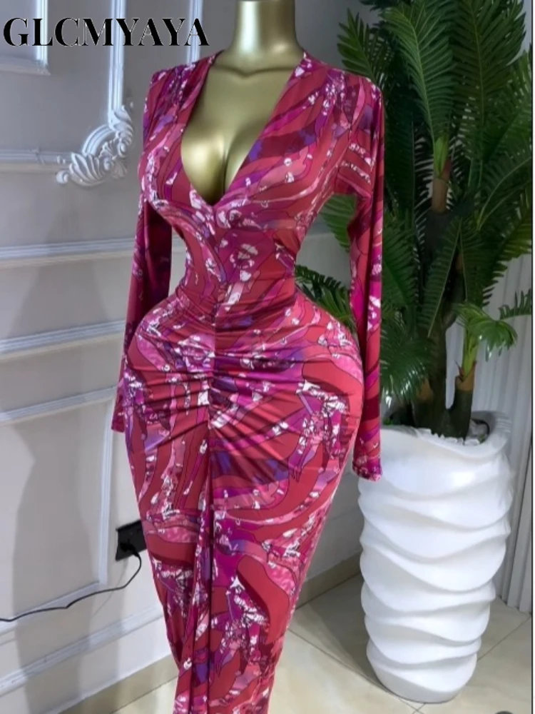 GLCMYAYA Women Printed Ruched Long Sleeve Bodycon Long Maxi Dress 2026 Spring Birthday Holiday Party Trendy Dresses Vestidos