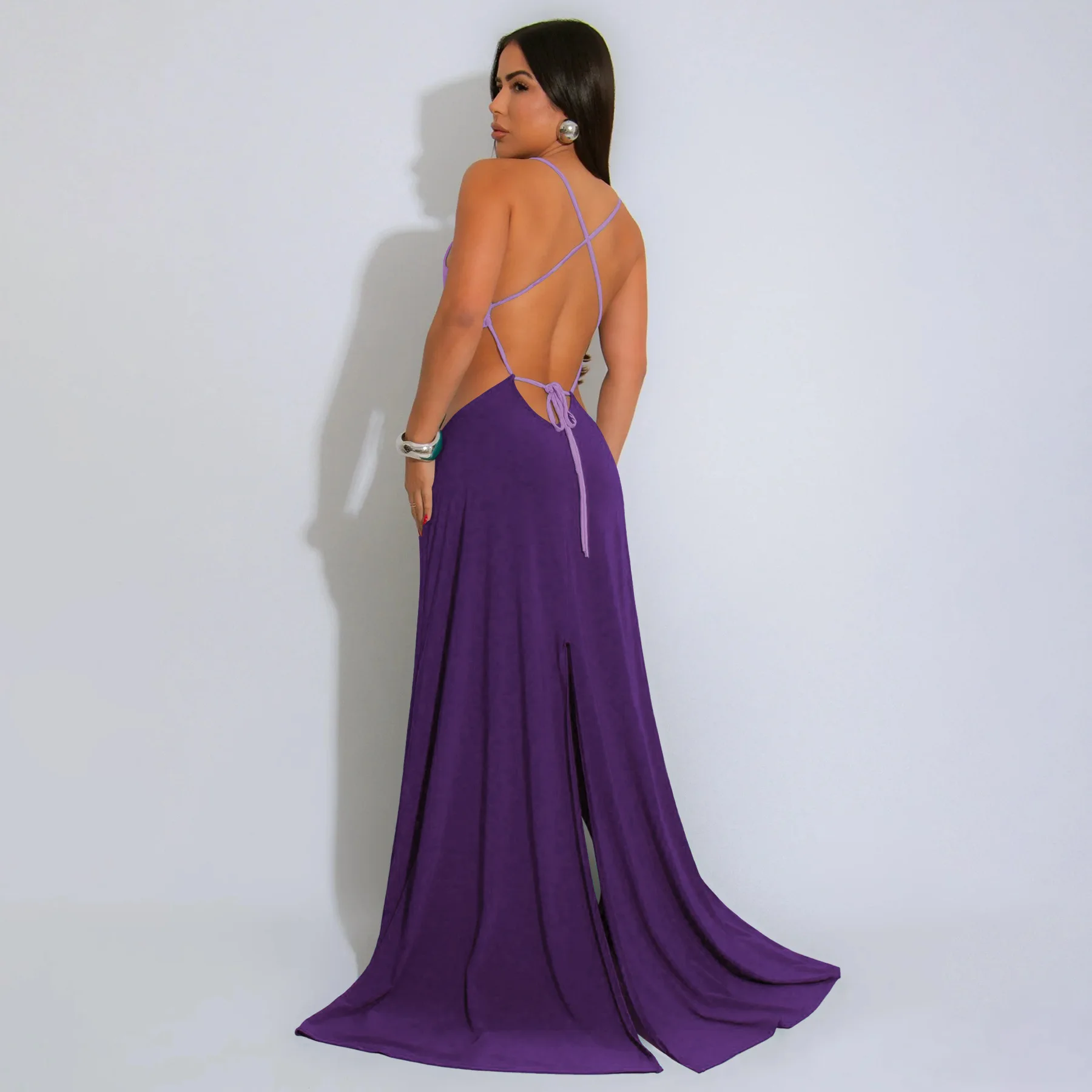 CM.YAYA Women Strap Backless Big Swing Split Maxi Long Dress 2025 Hollow Out Birthday Sexy Club Party Evening Dresses Vestidos CM.YAYA Women Strap Backless Big Swing Split Maxi Long Dress 2025 Hollow Out Birthday Sexy Club Party Evening Dresses Vestidos