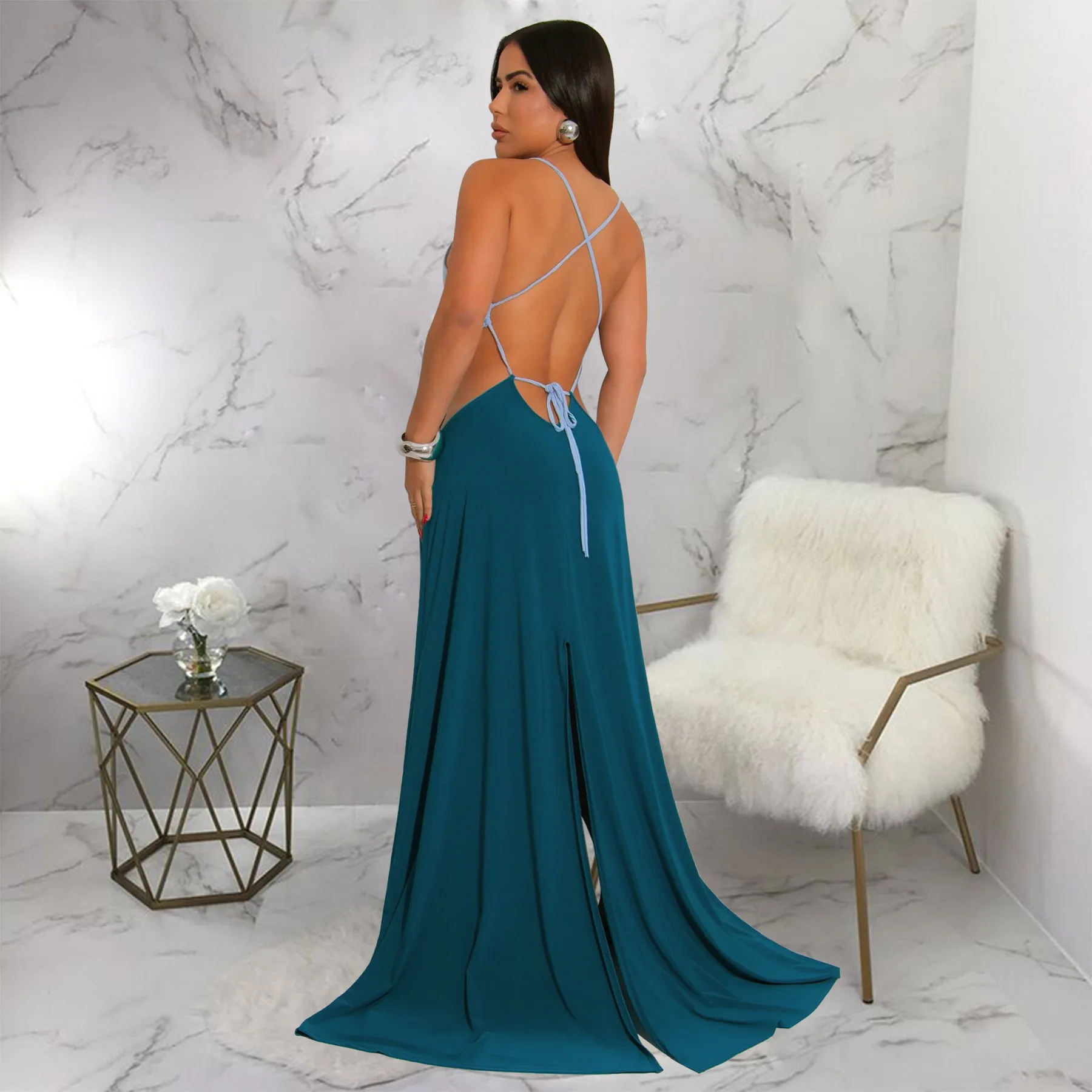 CM.YAYA Women Strap Backless Big Swing Split Maxi Long Dress 2025 Hollow Out Birthday Sexy Club Party Evening Dresses Vestidos CM.YAYA Women Strap Backless Big Swing Split Maxi Long Dress 2025 Hollow Out Birthday Sexy Club Party Evening Dresses Vestidos