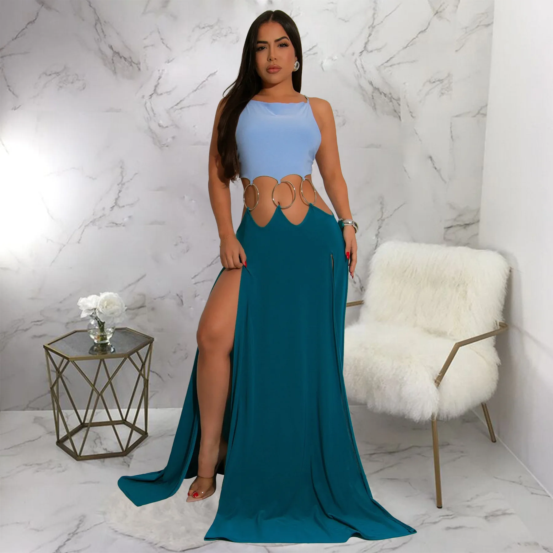 CM.YAYA Women Strap Backless Big Swing Split Maxi Long Dress 2025 Hollow Out Birthday Sexy Club Party Evening Dresses Vestidos CM.YAYA Women Strap Backless Big Swing Split Maxi Long Dress 2025 Hollow Out Birthday Sexy Club Party Evening Dresses Vestidos