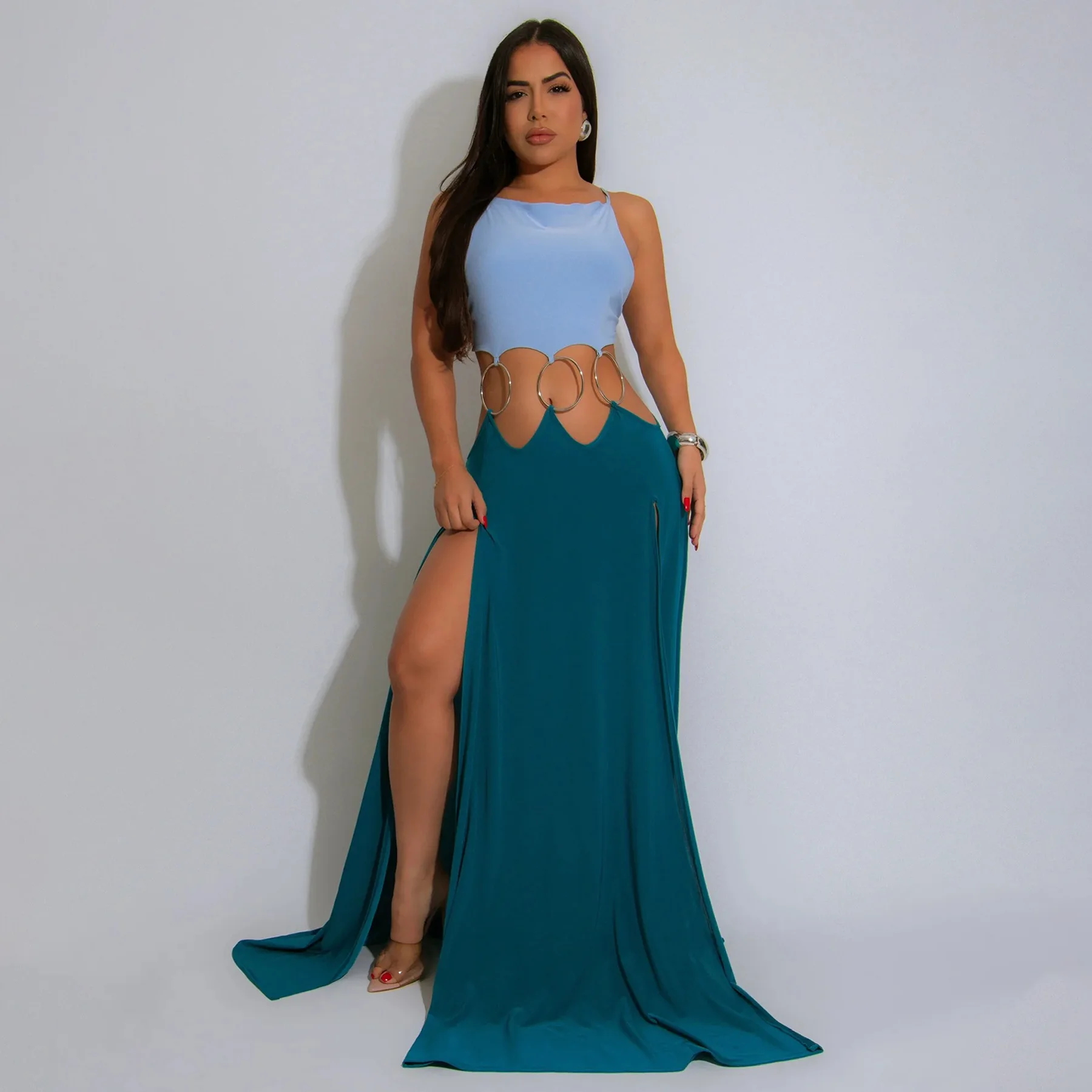 CM.YAYA Women Strap Backless Big Swing Split Maxi Long Dress 2025 Hollow Out Birthday Sexy Club Party Evening Dresses Vestidos CM.YAYA Women Strap Backless Big Swing Split Maxi Long Dress 2025 Hollow Out Birthday Sexy Club Party Evening Dresses Vestidos