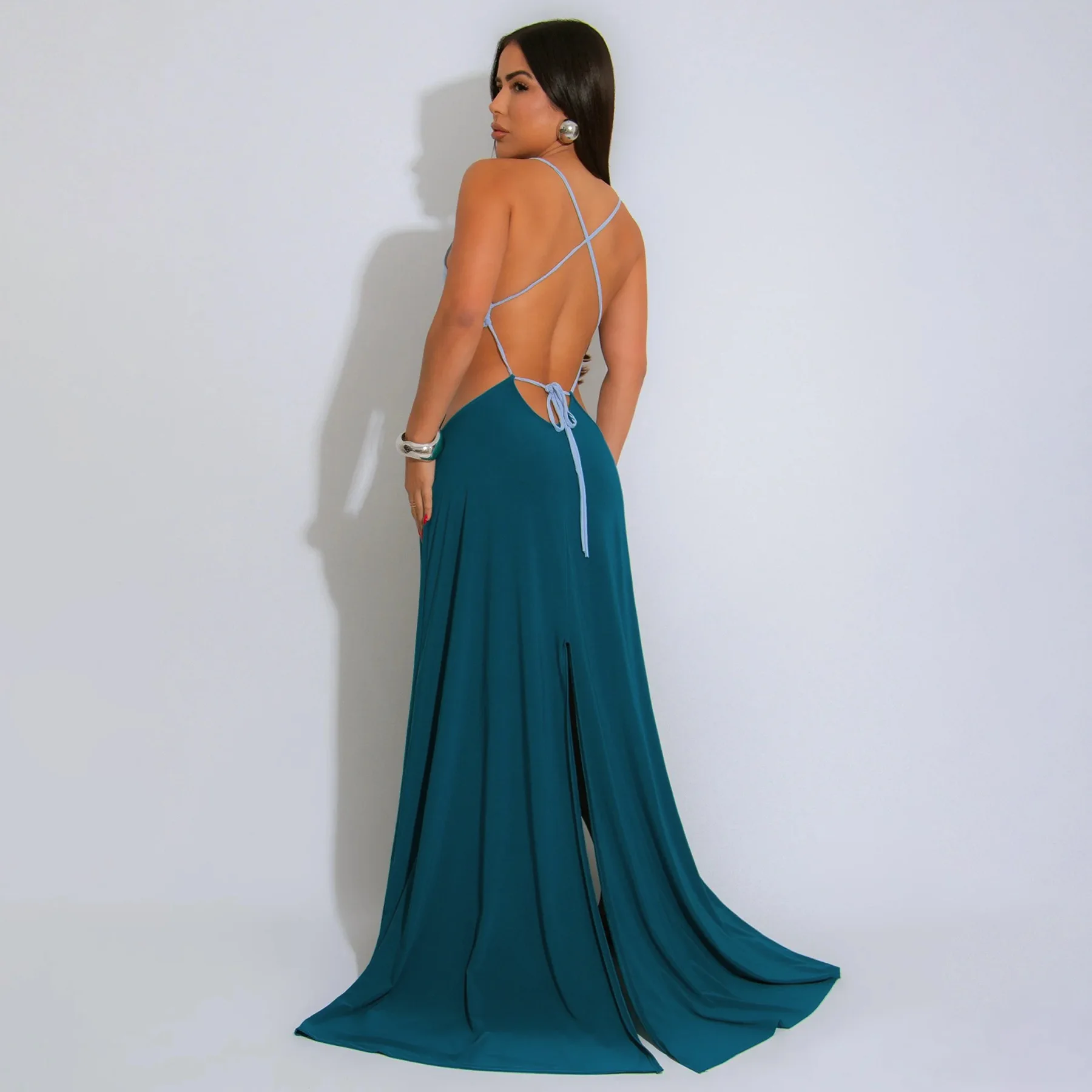 CM.YAYA Women Strap Backless Big Swing Split Maxi Long Dress 2025 Hollow Out Birthday Sexy Club Party Evening Dresses Vestidos CM.YAYA Women Strap Backless Big Swing Split Maxi Long Dress 2025 Hollow Out Birthday Sexy Club Party Evening Dresses Vestidos