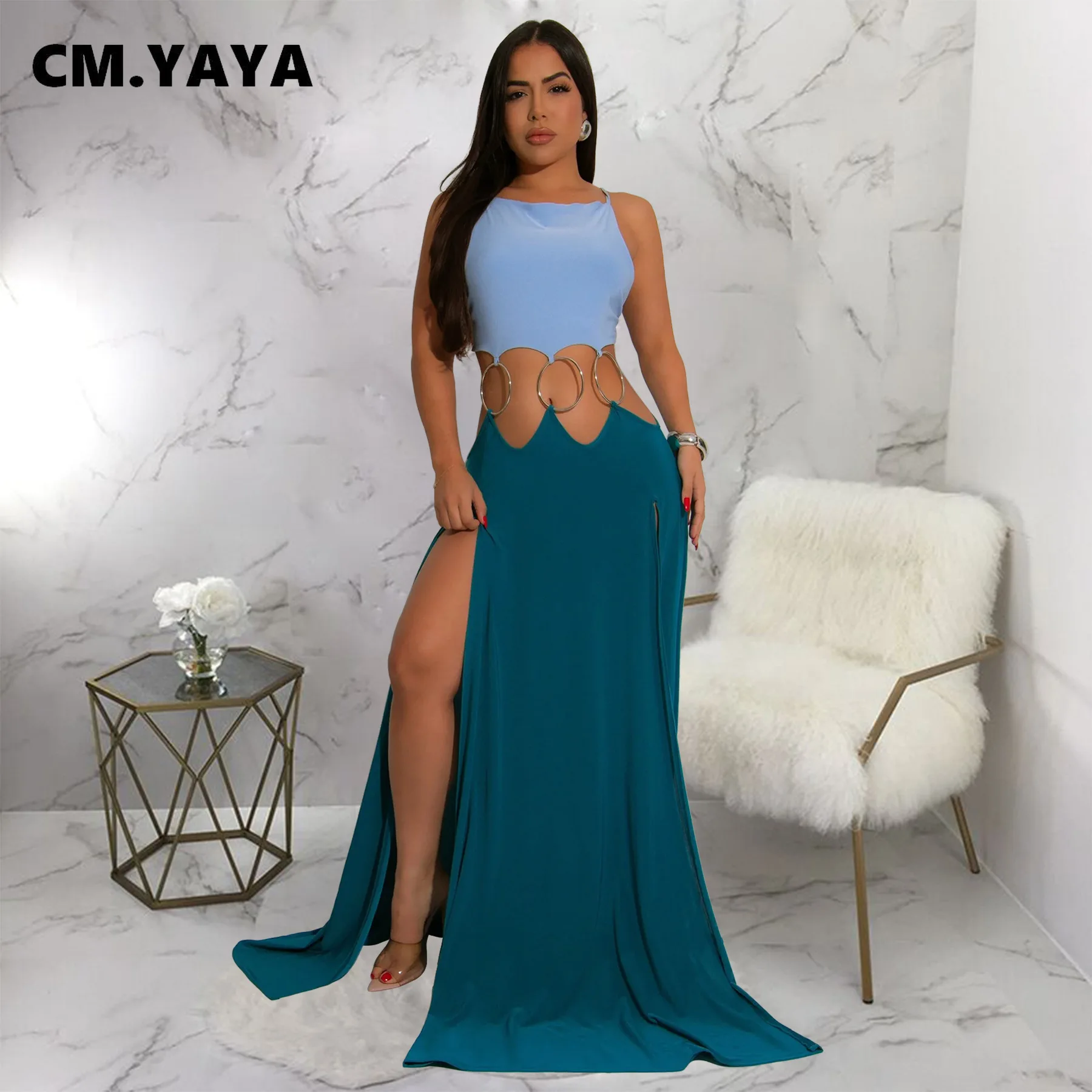 CM.YAYA Women Strap Backless Big Swing Split Maxi Long Dress 2025 Hollow Out Birthday Sexy Club Party Evening Dresses Vestidos CM.YAYA Women Strap Backless Big Swing Split Maxi Long Dress 2025 Hollow Out Birthday Sexy Club Party Evening Dresses Vestidos