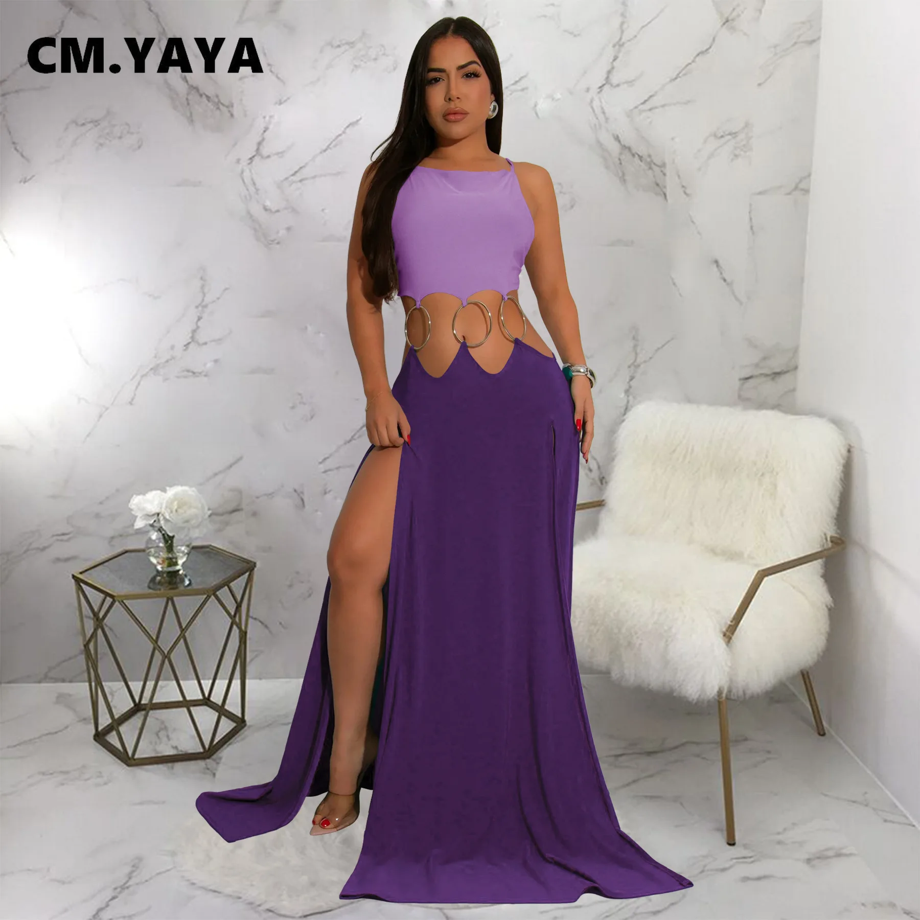 CM.YAYA Women Strap Backless Big Swing Split Maxi Long Dress 2025 Hollow Out Birthday Sexy Club Party Evening Dresses Vestidos CM.YAYA Women Strap Backless Big Swing Split Maxi Long Dress 2025 Hollow Out Birthday Sexy Club Party Evening Dresses Vestidos