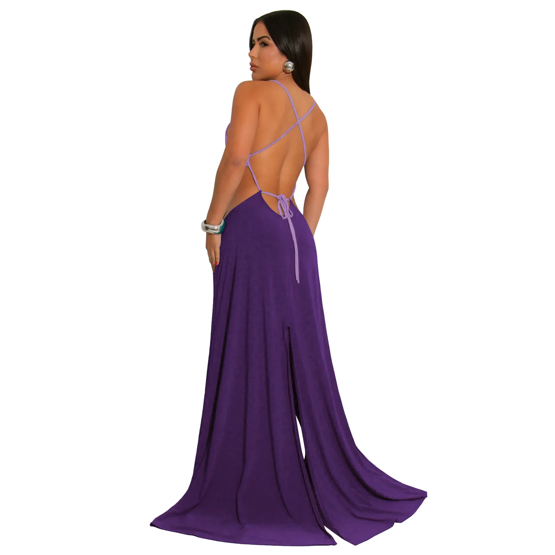 CM.YAYA Women Strap Backless Big Swing Split Maxi Long Dress 2025 Hollow Out Birthday Sexy Club Party Evening Dresses Vestidos CM.YAYA Women Strap Backless Big Swing Split Maxi Long Dress 2025 Hollow Out Birthday Sexy Club Party Evening Dresses Vestidos