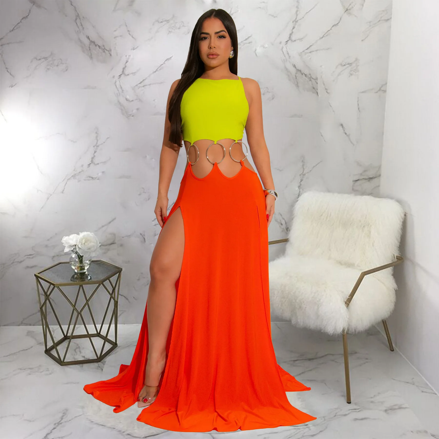 CM.YAYA Women Strap Backless Big Swing Split Maxi Long Dress 2025 Hollow Out Birthday Sexy Club Party Evening Dresses Vestidos CM.YAYA Women Strap Backless Big Swing Split Maxi Long Dress 2025 Hollow Out Birthday Sexy Club Party Evening Dresses Vestidos