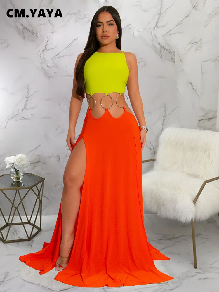 CM.YAYA Women Strap Backless Big Swing Split Maxi Long Dress 2025 Hollow Out Birthday Sexy Club Party Evening Dresses Vestidos CM.YAYA Women Strap Backless Big Swing Split Maxi Long Dress 2025 Hollow Out Birthday Sexy Club Party Evening Dresses Vestidos