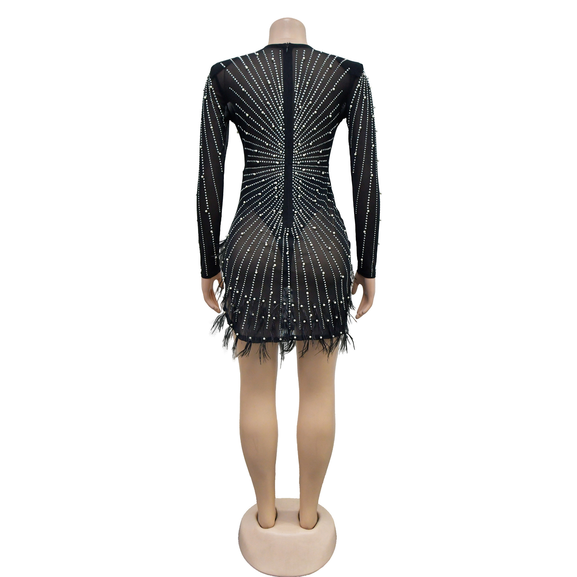 CM.YAYA Women Mesh See Though Diamonds Pearl Deep V-neck Long Sleeve Feather High Split Sexy Party Bodycon Midi Dresses Vestidos