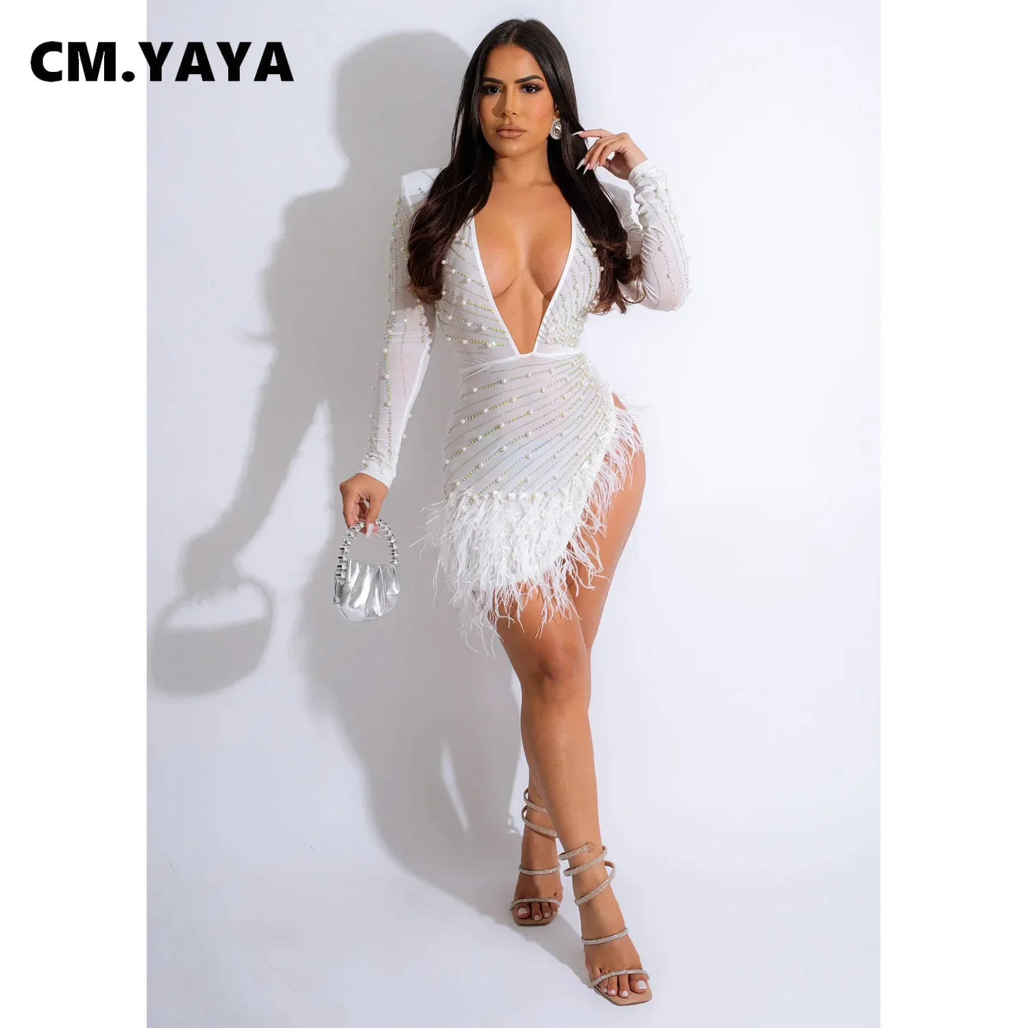 CM.YAYA Women Mesh See Though Diamonds Pearl Deep V-neck Long Sleeve Feather High Split Sexy Party Bodycon Midi Dresses Vestidos