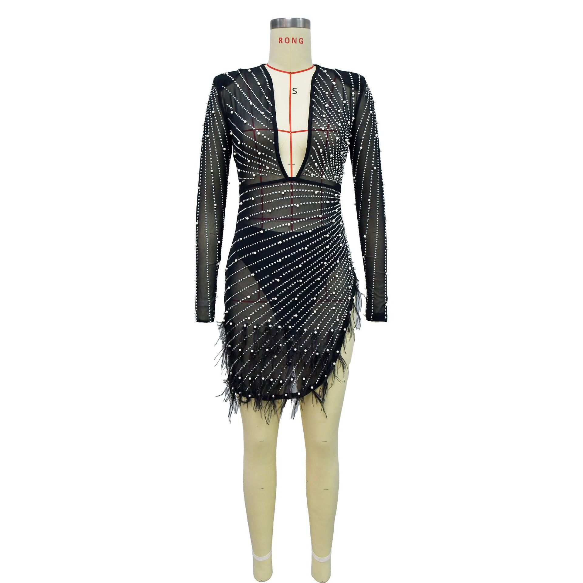 CM.YAYA Women Mesh See Though Diamonds Pearl Deep V-neck Long Sleeve Feather High Split Sexy Party Bodycon Midi Dresses Vestidos