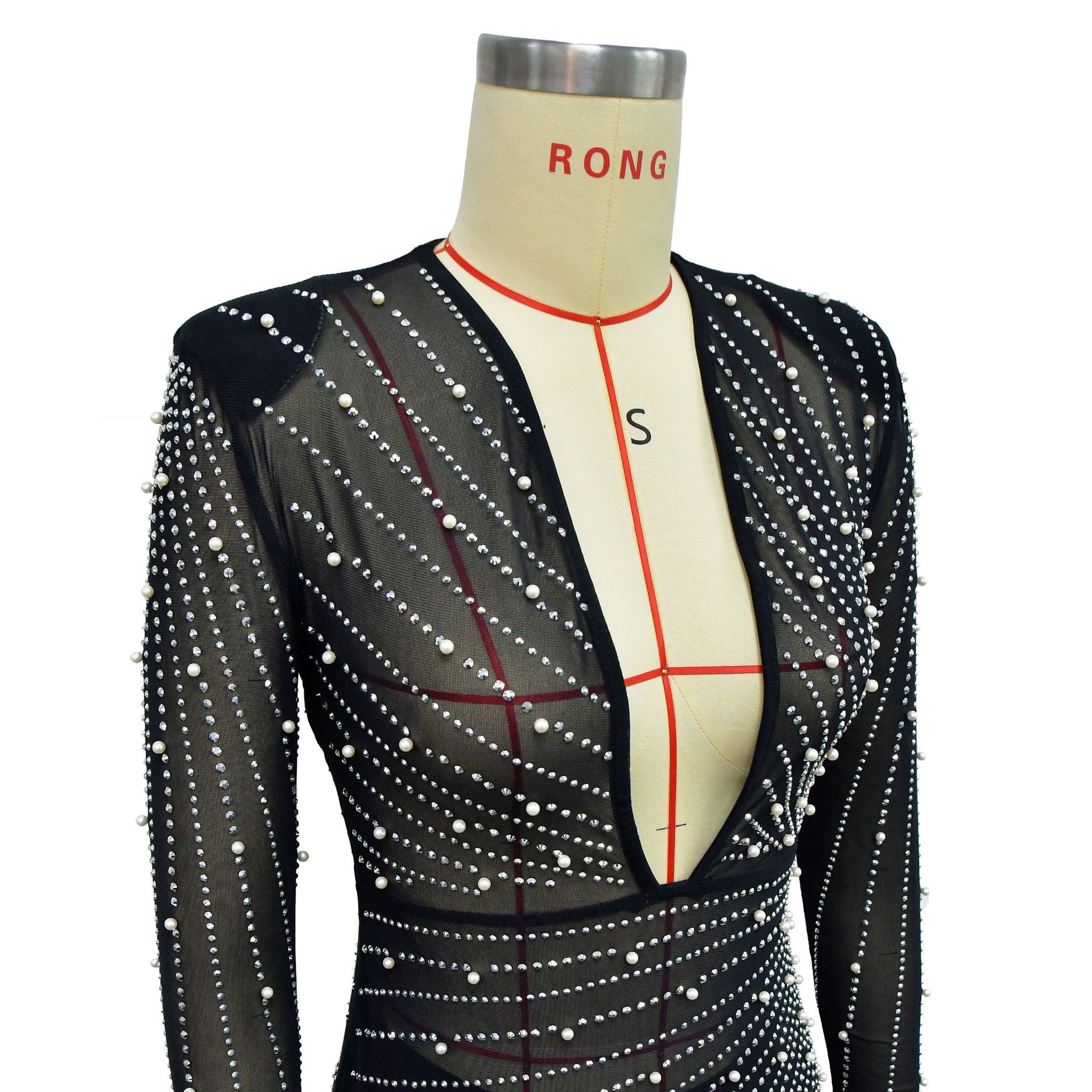 CM.YAYA Women Mesh See Though Diamonds Pearl Deep V-neck Long Sleeve Feather High Split Sexy Party Bodycon Midi Dresses Vestidos