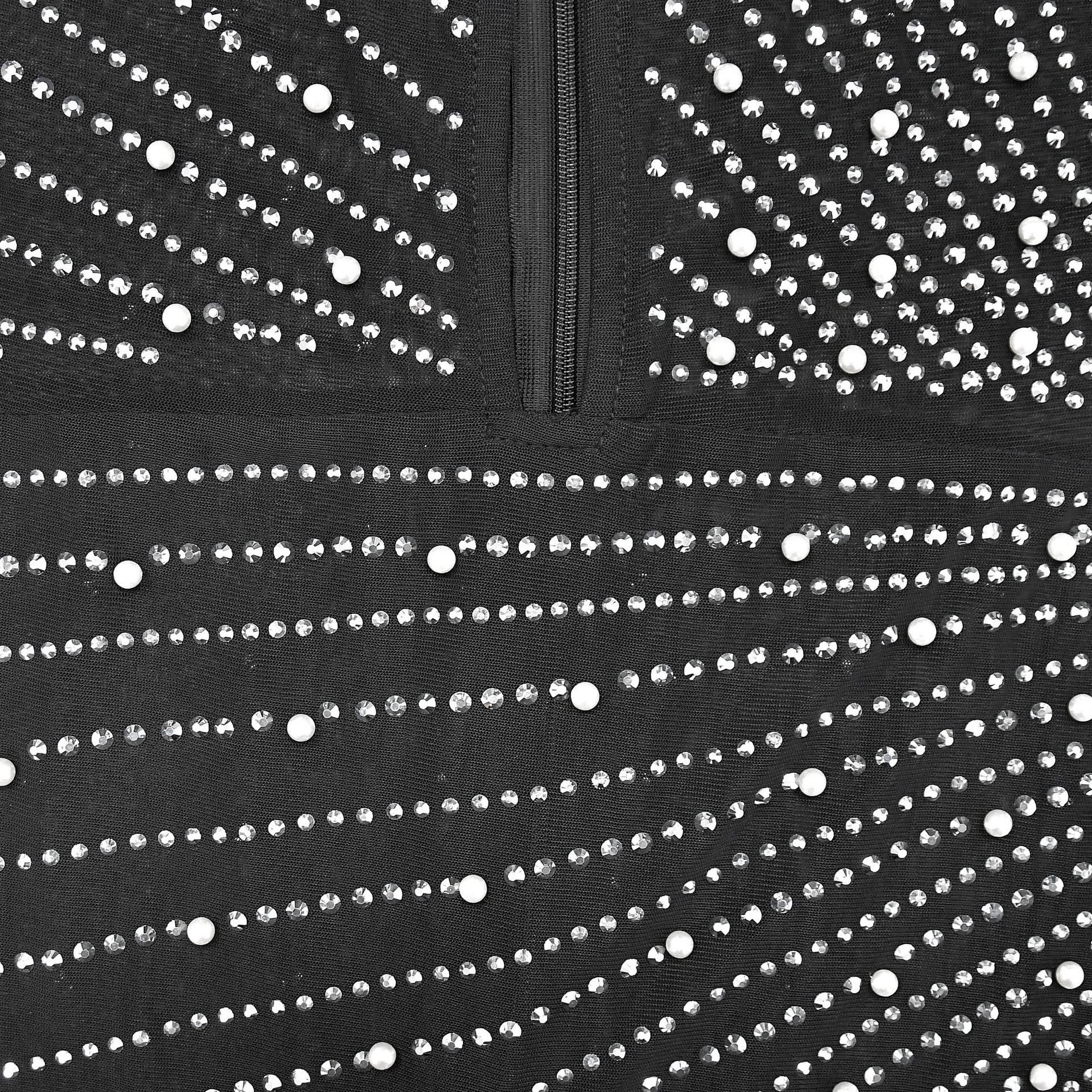 CM.YAYA Women Mesh See Though Diamonds Pearl Deep V-neck Long Sleeve Feather High Split Sexy Party Bodycon Midi Dresses Vestidos