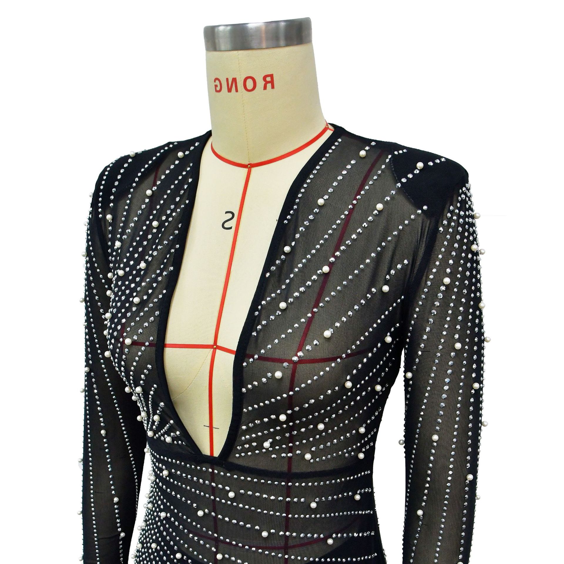 CM.YAYA Women Mesh See Though Diamonds Pearl Deep V-neck Long Sleeve Feather High Split Sexy Party Bodycon Midi Dresses Vestidos