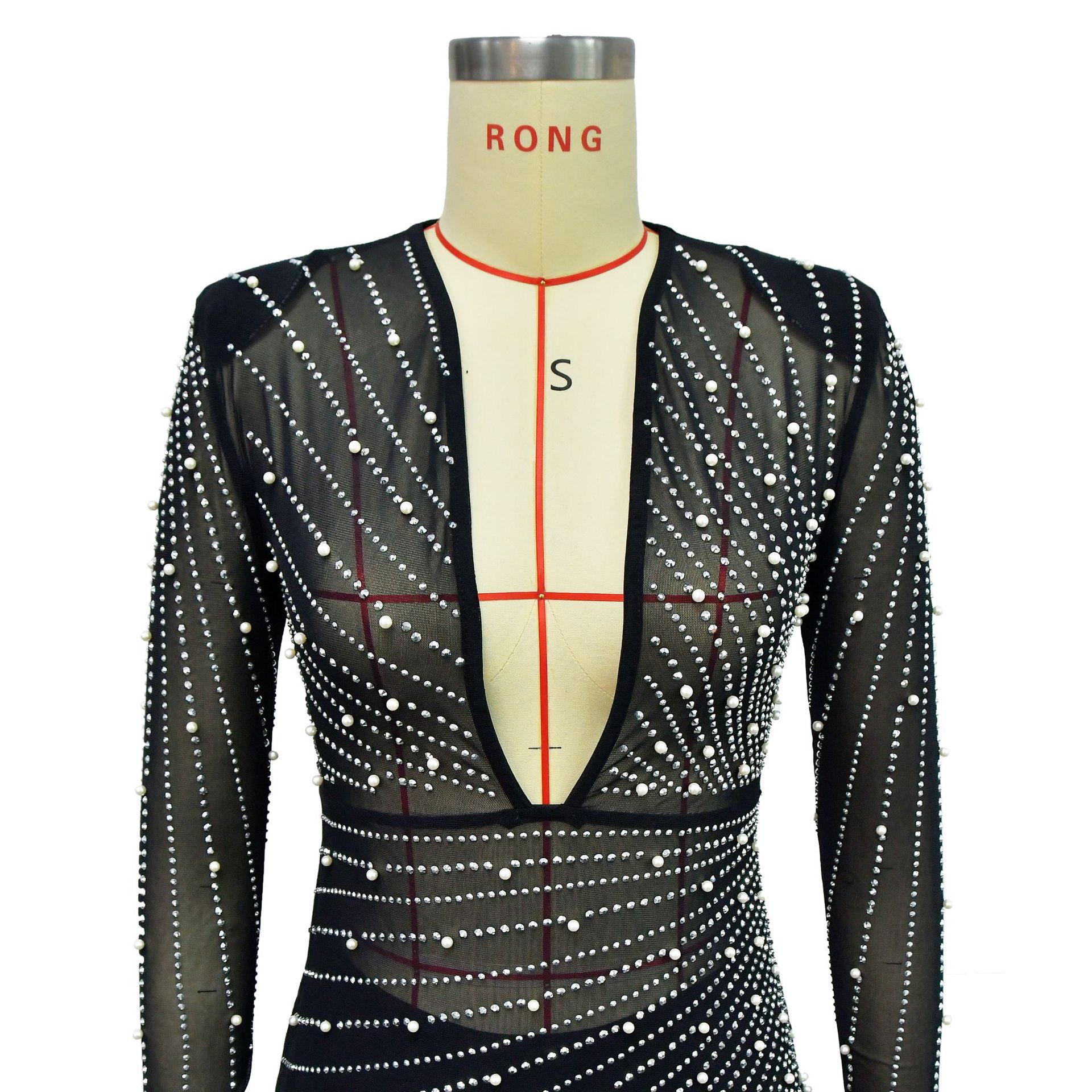 CM.YAYA Women Mesh See Though Diamonds Pearl Deep V-neck Long Sleeve Feather High Split Sexy Party Bodycon Midi Dresses Vestidos