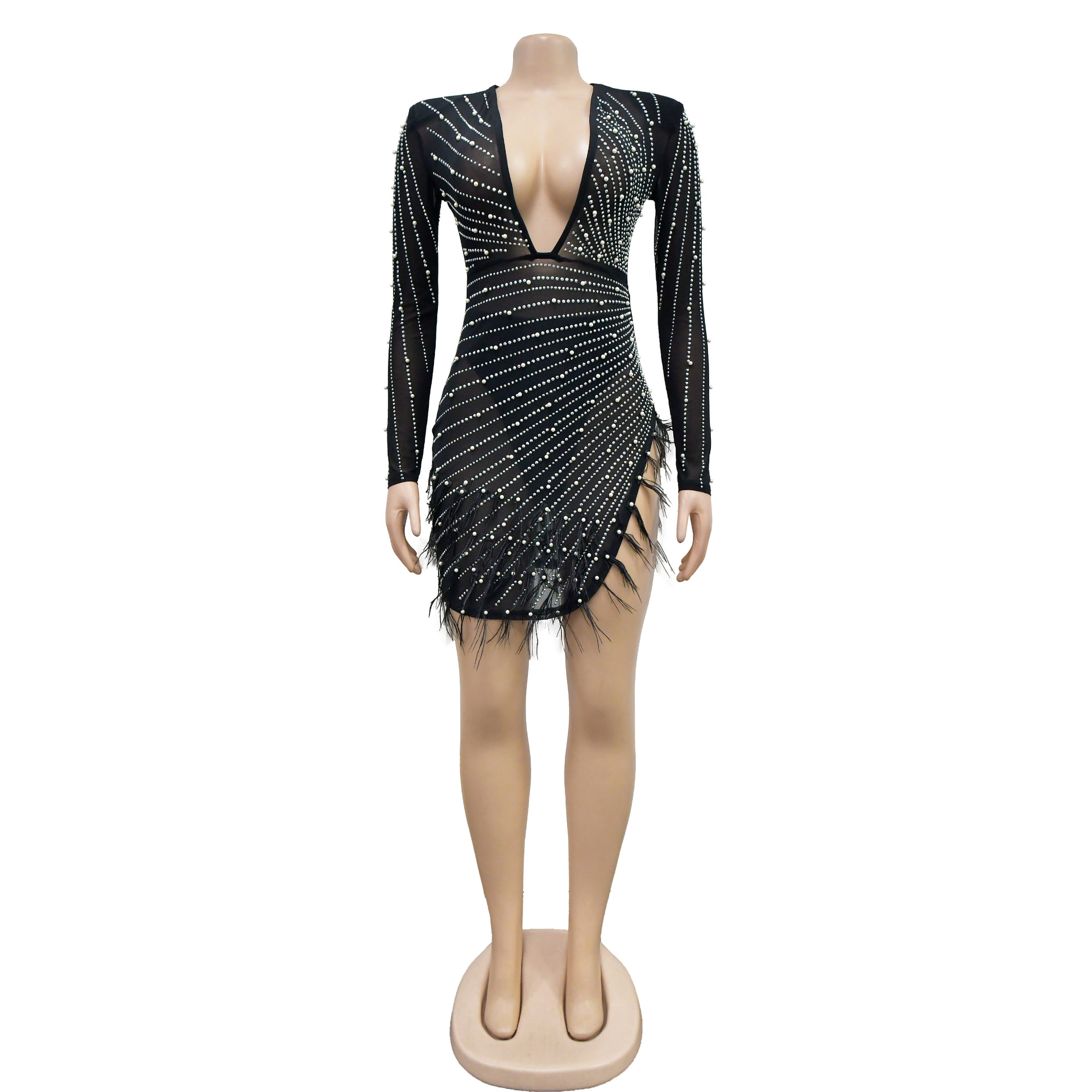 CM.YAYA Women Mesh See Though Diamonds Pearl Deep V-neck Long Sleeve Feather High Split Sexy Party Bodycon Midi Dresses Vestidos