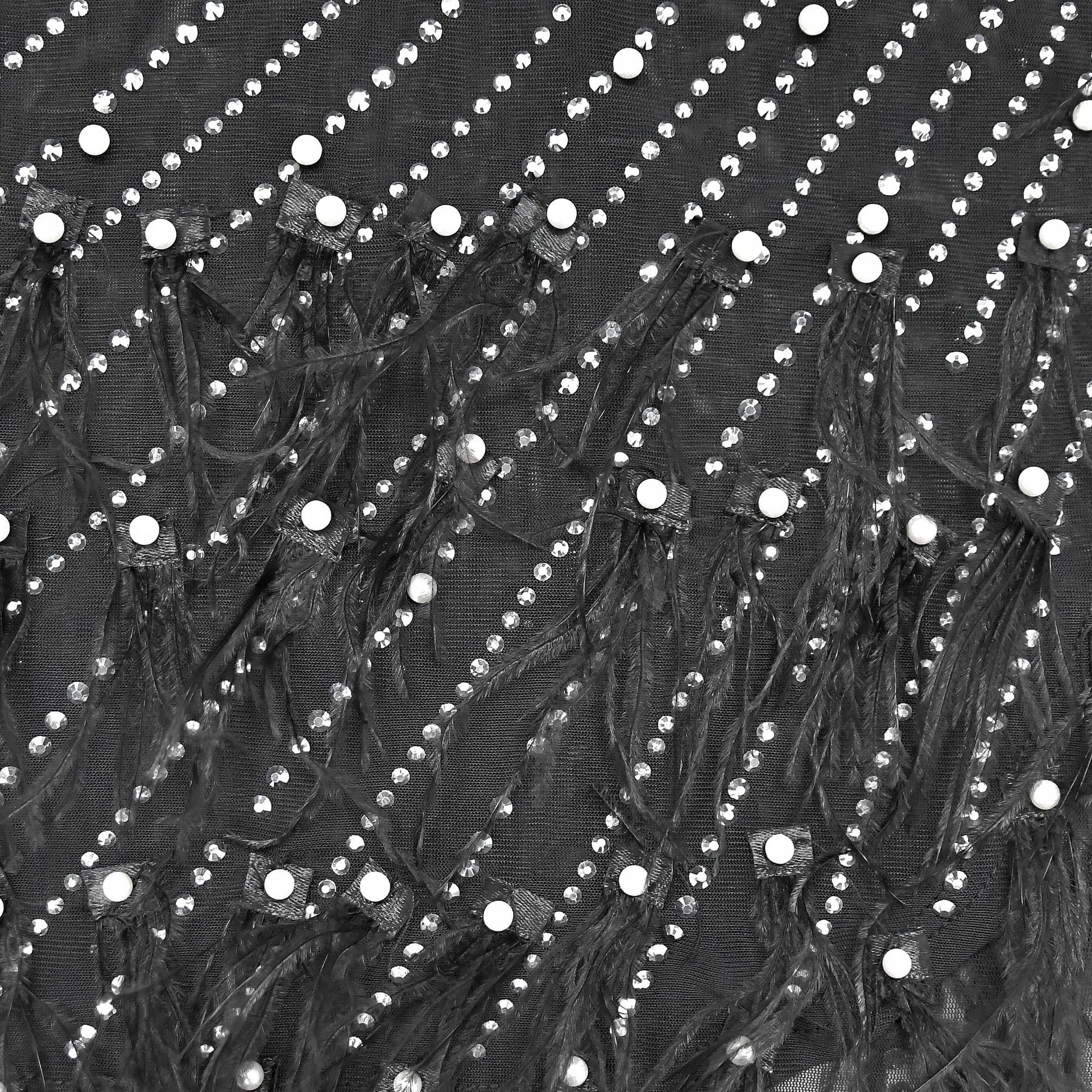 CM.YAYA Women Mesh See Though Diamonds Pearl Deep V-neck Long Sleeve Feather High Split Sexy Party Bodycon Midi Dresses Vestidos