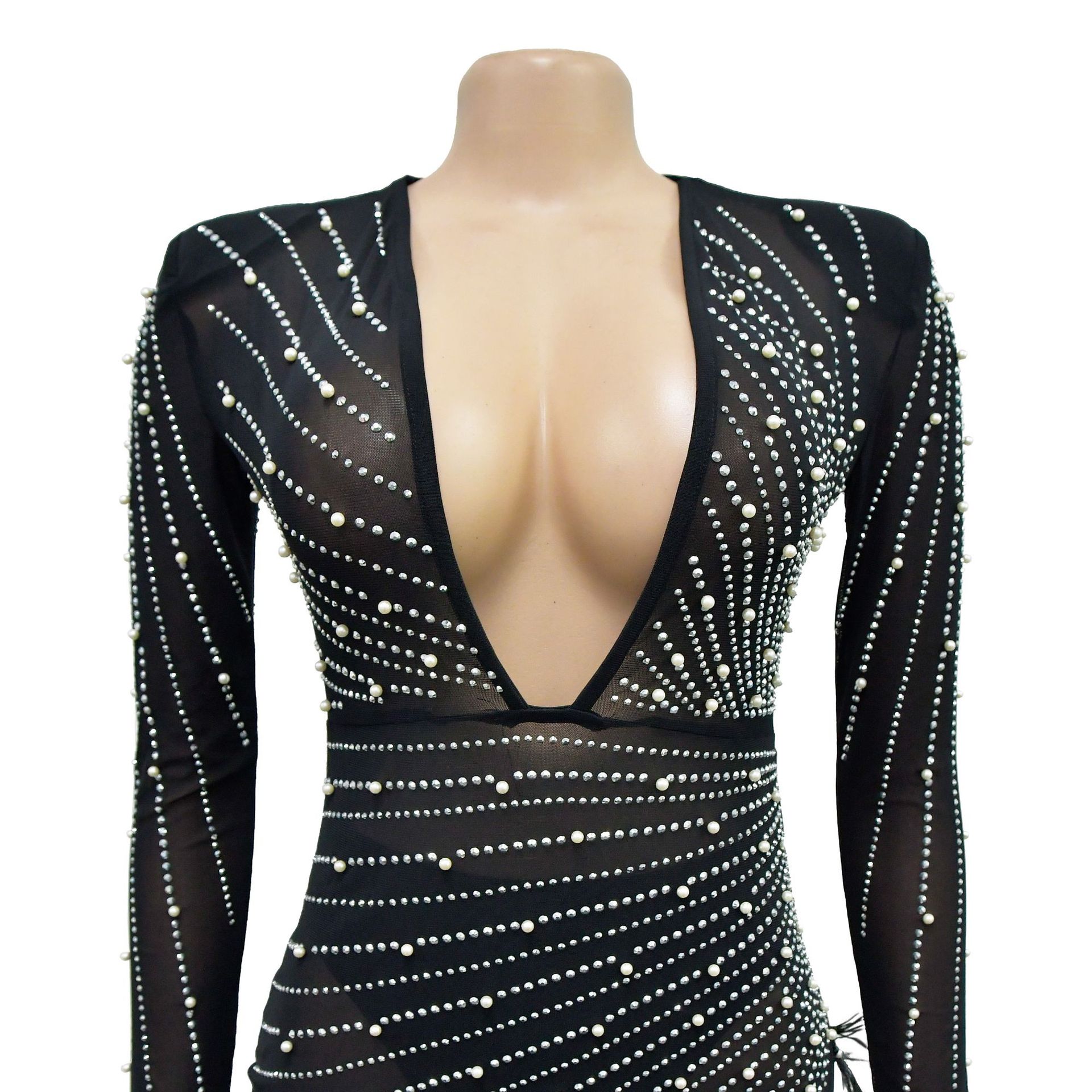 CM.YAYA Women Mesh See Though Diamonds Pearl Deep V-neck Long Sleeve Feather High Split Sexy Party Bodycon Midi Dresses Vestidos