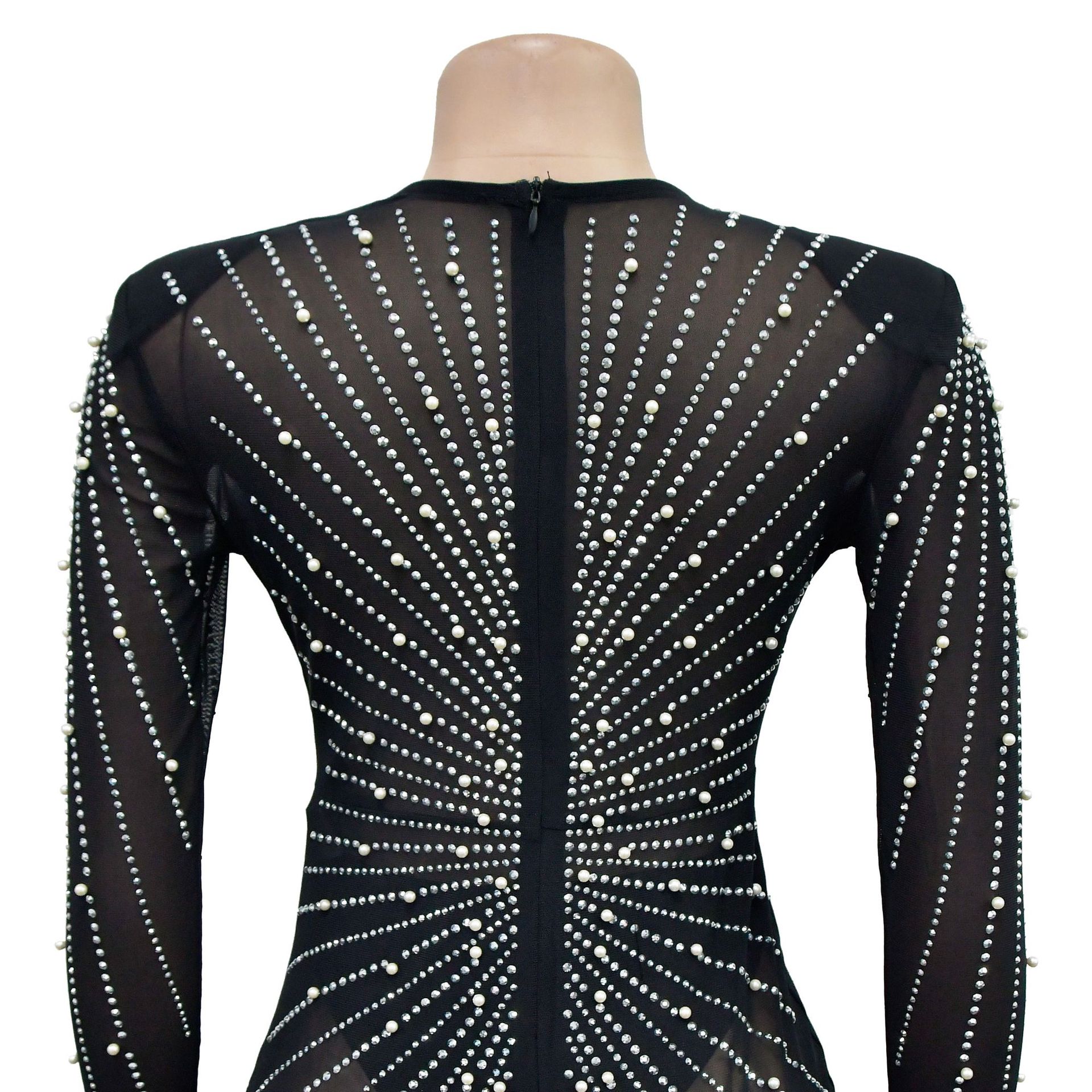 CM.YAYA Women Mesh See Though Diamonds Pearl Deep V-neck Long Sleeve Feather High Split Sexy Party Bodycon Midi Dresses Vestidos