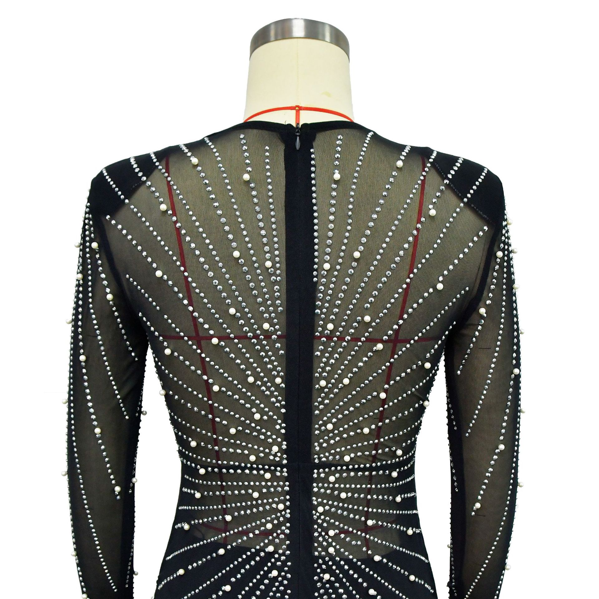 CM.YAYA Women Mesh See Though Diamonds Pearl Deep V-neck Long Sleeve Feather High Split Sexy Party Bodycon Midi Dresses Vestidos