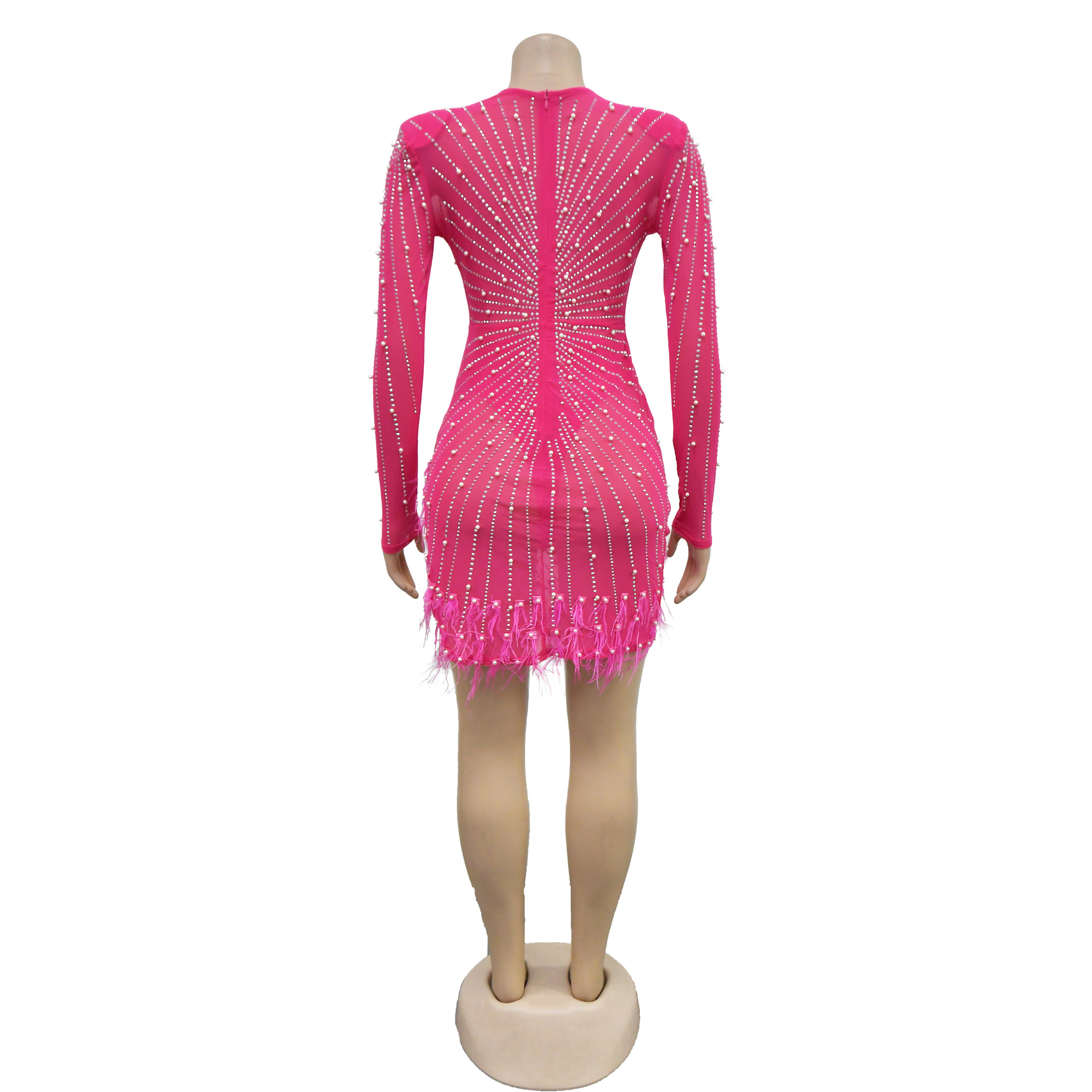 CM.YAYA Women Mesh See Though Diamonds Pearl Deep V-neck Long Sleeve Feather High Split Sexy Party Bodycon Midi Dresses Vestidos