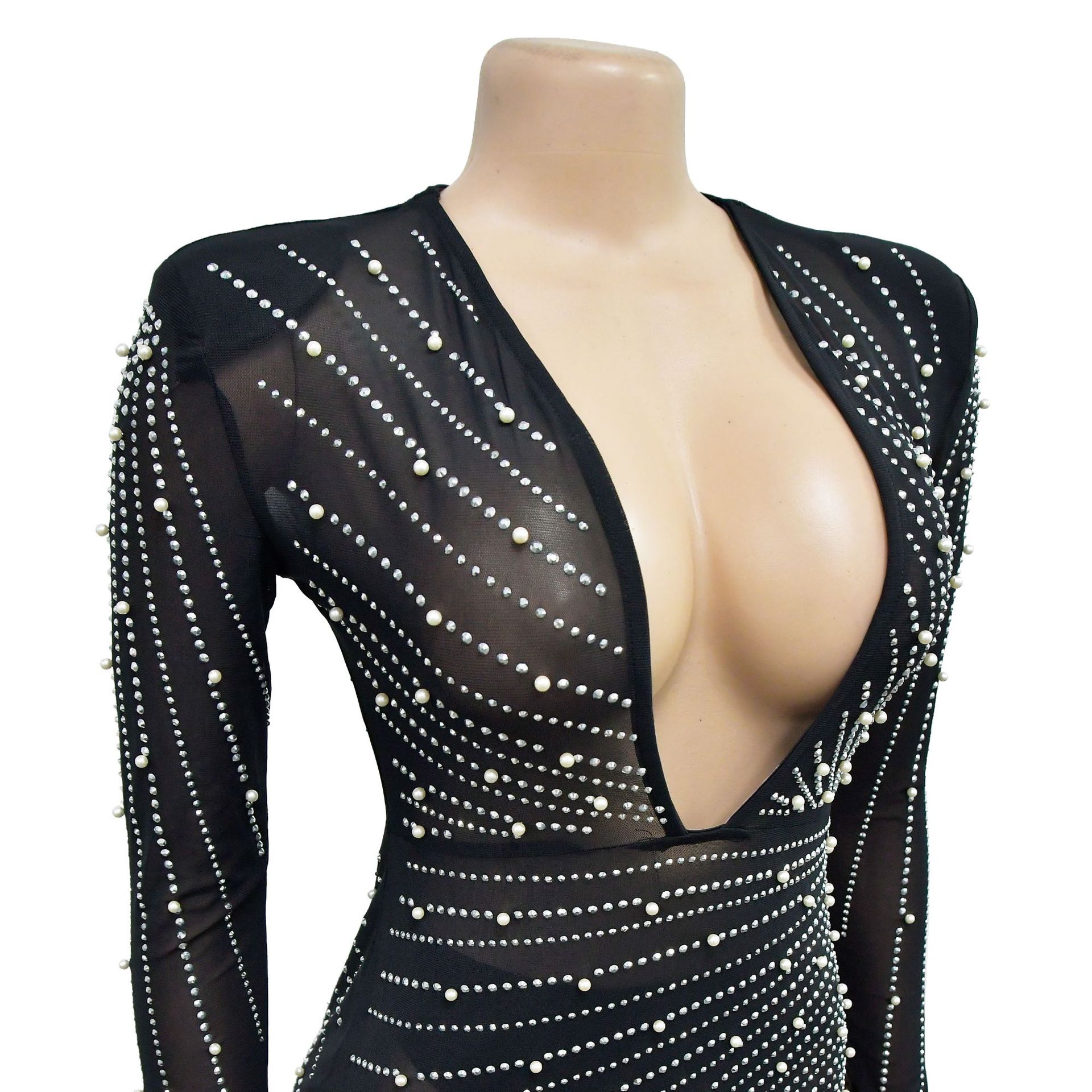 CM.YAYA Women Mesh See Though Diamonds Pearl Deep V-neck Long Sleeve Feather High Split Sexy Party Bodycon Midi Dresses Vestidos