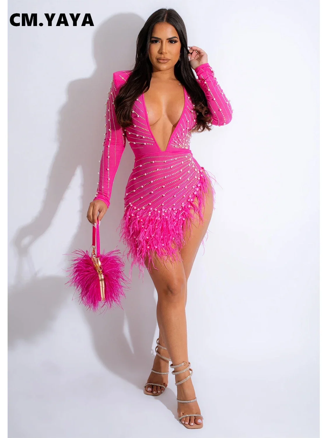 CM.YAYA Women Mesh See Though Diamonds Pearl Deep V-neck Long Sleeve Feather High Split Sexy Party Bodycon Midi Dresses Vestidos