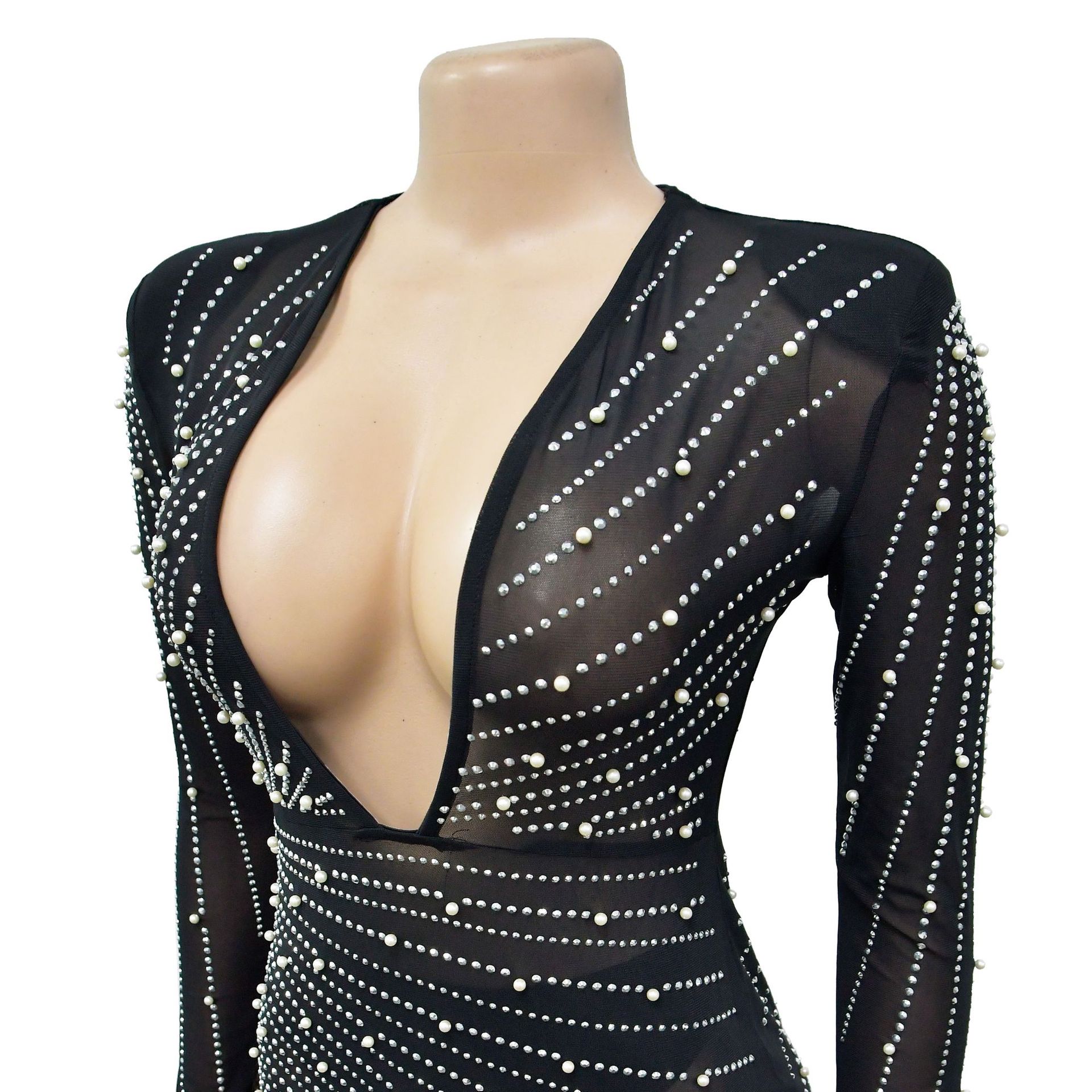 CM.YAYA Women Mesh See Though Diamonds Pearl Deep V-neck Long Sleeve Feather High Split Sexy Party Bodycon Midi Dresses Vestidos