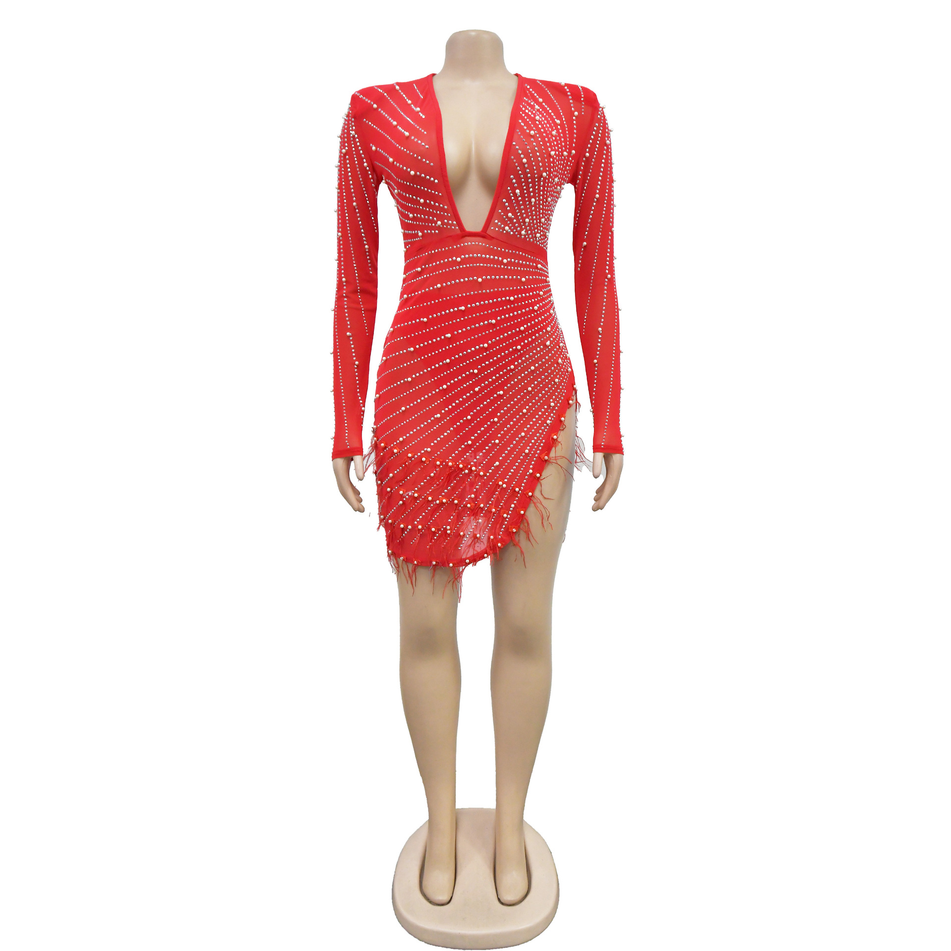 CM.YAYA Women Mesh See Though Diamonds Pearl Deep V-neck Long Sleeve Feather High Split Sexy Party Bodycon Midi Dresses Vestidos