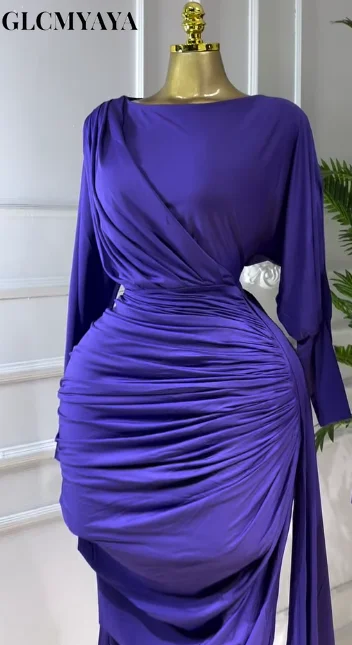 CM.YAYA Women Full Sleeve Ruched Stacked Bodycon Ribbon Long Dress Fall Evening Birthday Vacation Party Vestidos Sexy Dresses