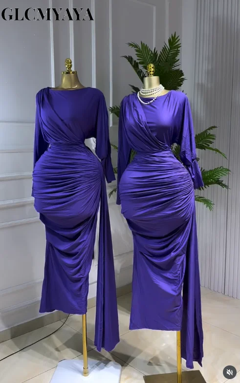 CM.YAYA Women Full Sleeve Ruched Stacked Bodycon Ribbon Long Dress Fall Evening Birthday Vacation Party Vestidos Sexy Dresses