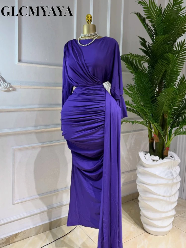 CM.YAYA Women Full Sleeve Ruched Stacked Bodycon Ribbon Long Dress Fall Evening Birthday Vacation Party Vestidos Sexy Dresses