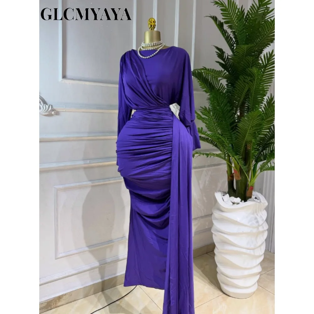 CM.YAYA Women Full Sleeve Ruched Stacked Bodycon Ribbon Long Dress Fall Evening Birthday Vacation Party Vestidos Sexy Dresses