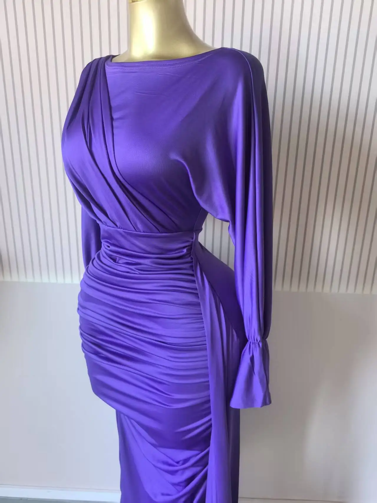 CM.YAYA Women Full Sleeve Ruched Stacked Bodycon Ribbon Long Dress Fall Evening Birthday Vacation Party Vestidos Sexy Dresses