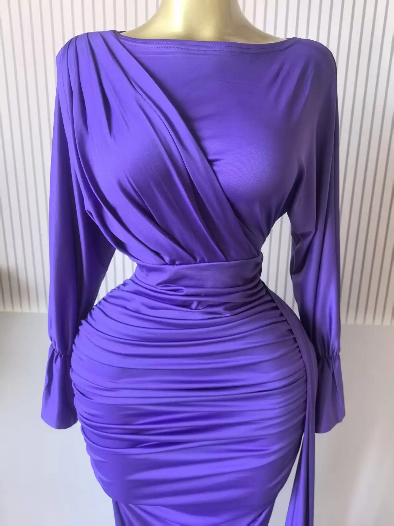 CM.YAYA Women Full Sleeve Ruched Stacked Bodycon Ribbon Long Dress Fall Evening Birthday Vacation Party Vestidos Sexy Dresses