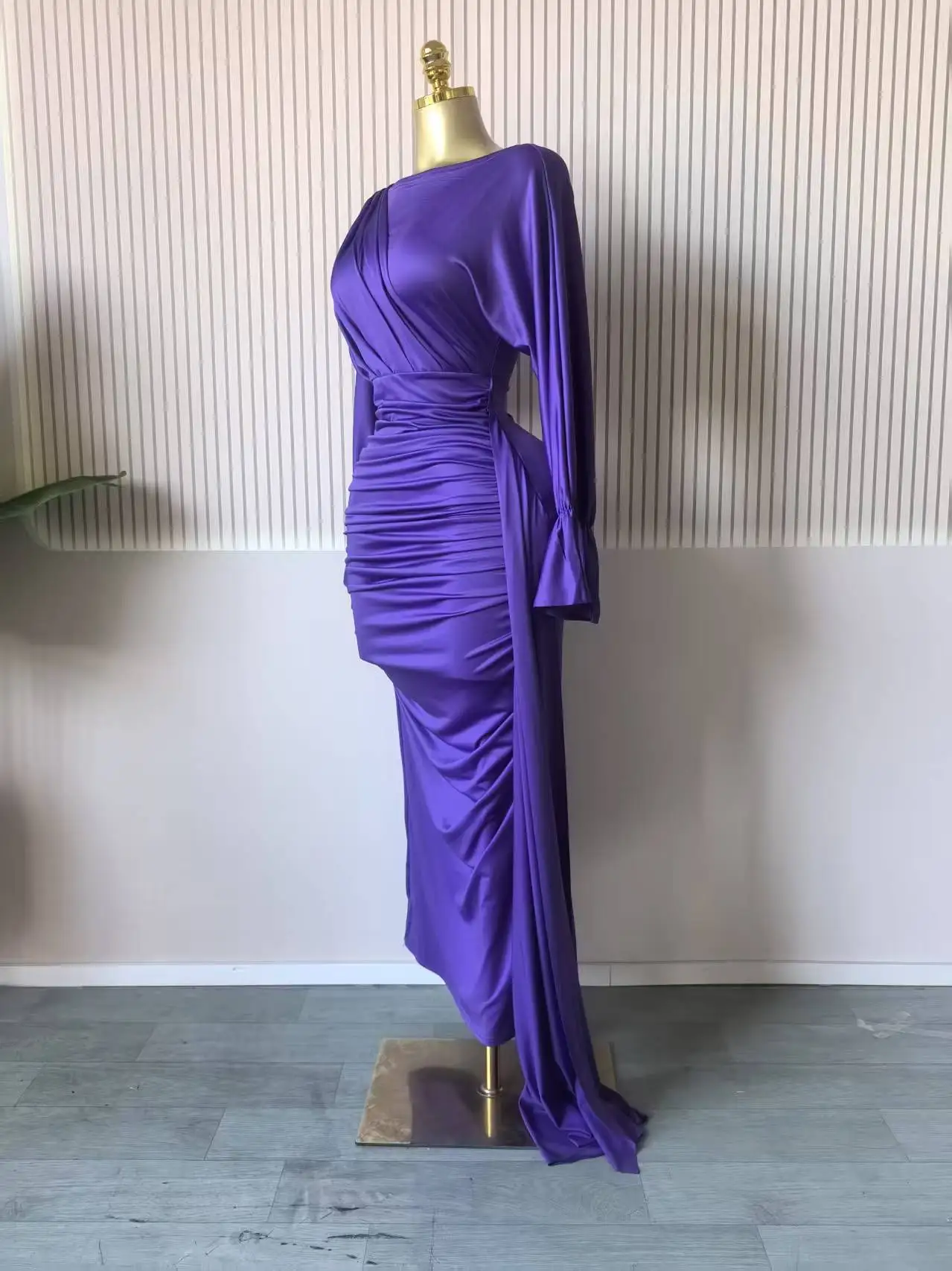 CM.YAYA Women Full Sleeve Ruched Stacked Bodycon Ribbon Long Dress Fall Evening Birthday Vacation Party Vestidos Sexy Dresses