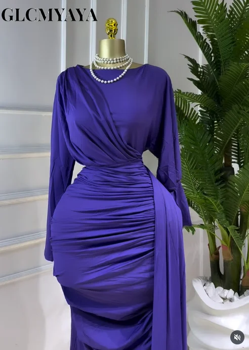 CM.YAYA Women Full Sleeve Ruched Stacked Bodycon Ribbon Long Dress Fall Evening Birthday Vacation Party Vestidos Sexy Dresses