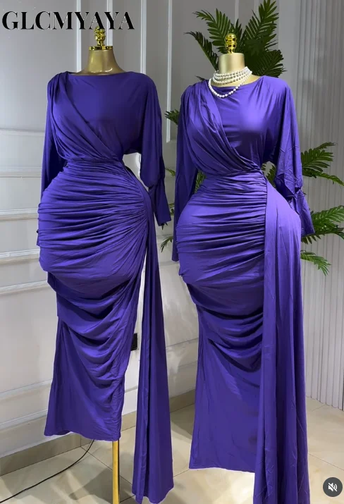 CM.YAYA Women Full Sleeve Ruched Stacked Bodycon Ribbon Long Dress Fall Evening Birthday Vacation Party Vestidos Sexy Dresses