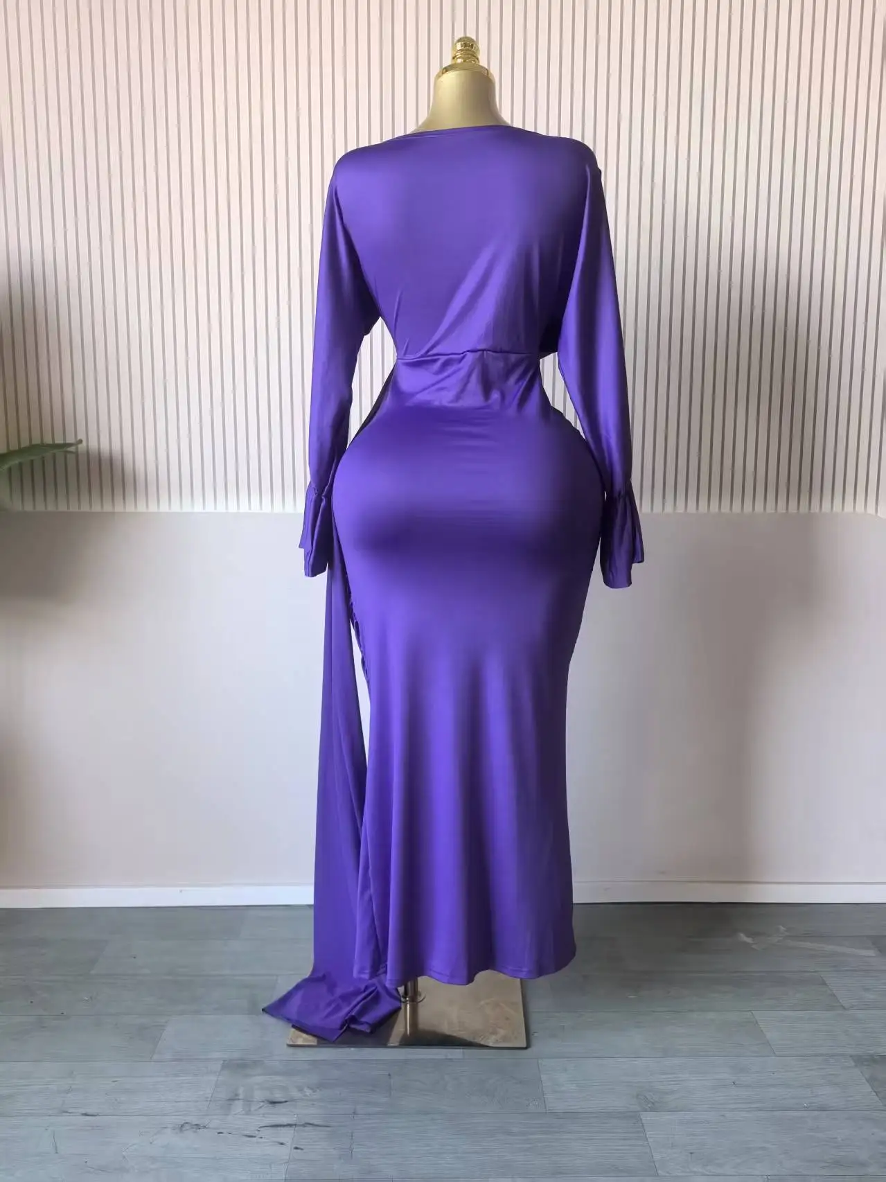 CM.YAYA Women Full Sleeve Ruched Stacked Bodycon Ribbon Long Dress Fall Evening Birthday Vacation Party Vestidos Sexy Dresses