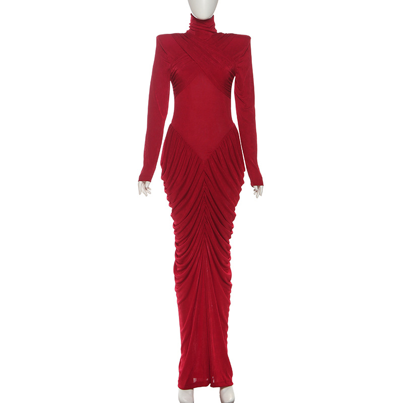 CM.YAYA Women High Neck Cutout Back Stacked Ruched Bodycon Midi Maxi Dress 2026 Street Sexy Party Education Long Dresses Vestido CM.YAYA Women High Neck Cutout Back Stacked Ruched Bodycon Midi Maxi Dress 2026 Street Sexy Party Education Long Dresses Vestido