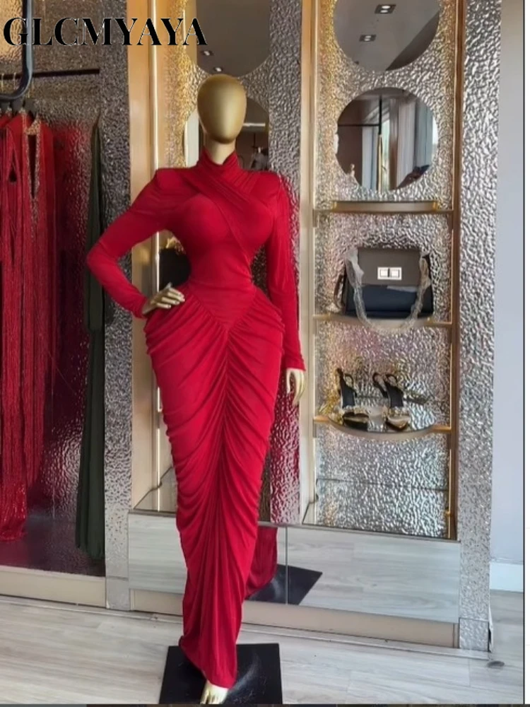 CM.YAYA Women High Neck Cutout Back Stacked Ruched Bodycon Midi Maxi Dress 2026 Street Sexy Party Education Long Dresses Vestido