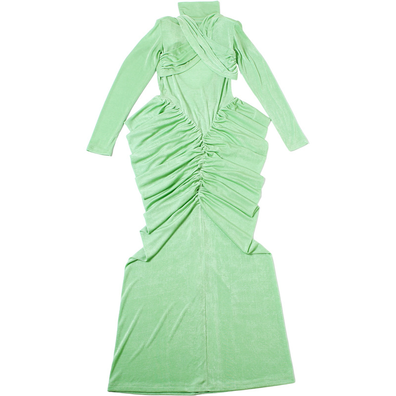 CM.YAYA Women High Neck Cutout Back Stacked Ruched Bodycon Midi Maxi Dress 2026 Street Sexy Party Education Long Dresses Vestido