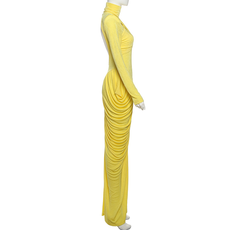 CM.YAYA Women High Neck Cutout Back Stacked Ruched Bodycon Midi Maxi Dress 2026 Street Sexy Party Education Long Dresses Vestido CM.YAYA Women High Neck Cutout Back Stacked Ruched Bodycon Midi Maxi Dress 2026 Street Sexy Party Education Long Dresses Vestido