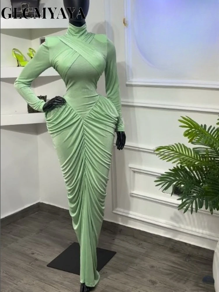 CM.YAYA Women High Neck Cutout Back Stacked Ruched Bodycon Midi Maxi Dress 2026 Street Sexy Party Education Long Dresses Vestido