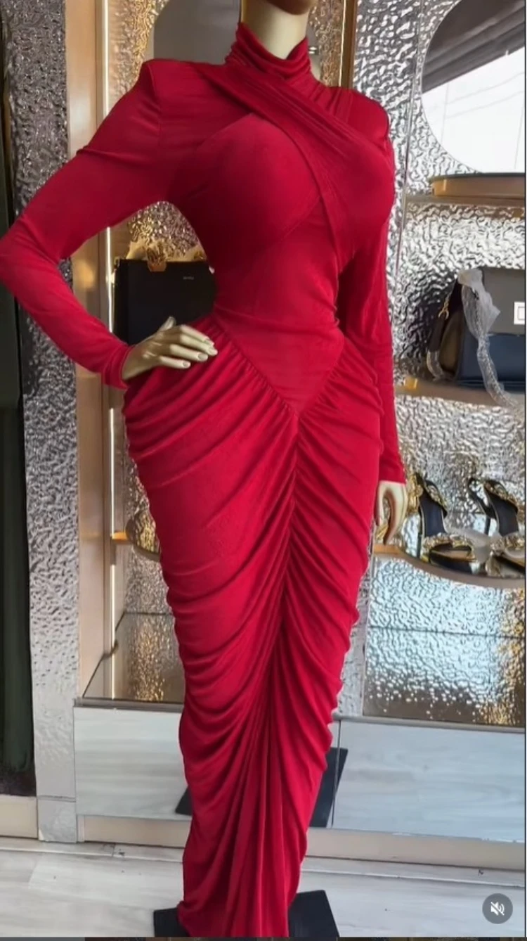 CM.YAYA Women High Neck Cutout Back Stacked Ruched Bodycon Midi Maxi Dress 2026 Street Sexy Party Education Long Dresses Vestido