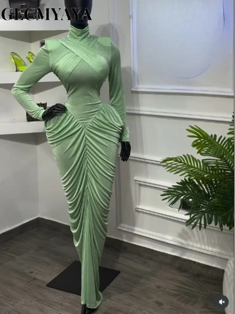 CM.YAYA Women High Neck Cutout Back Stacked Ruched Bodycon Midi Maxi Dress 2026 Street Sexy Party Education Long Dresses Vestido