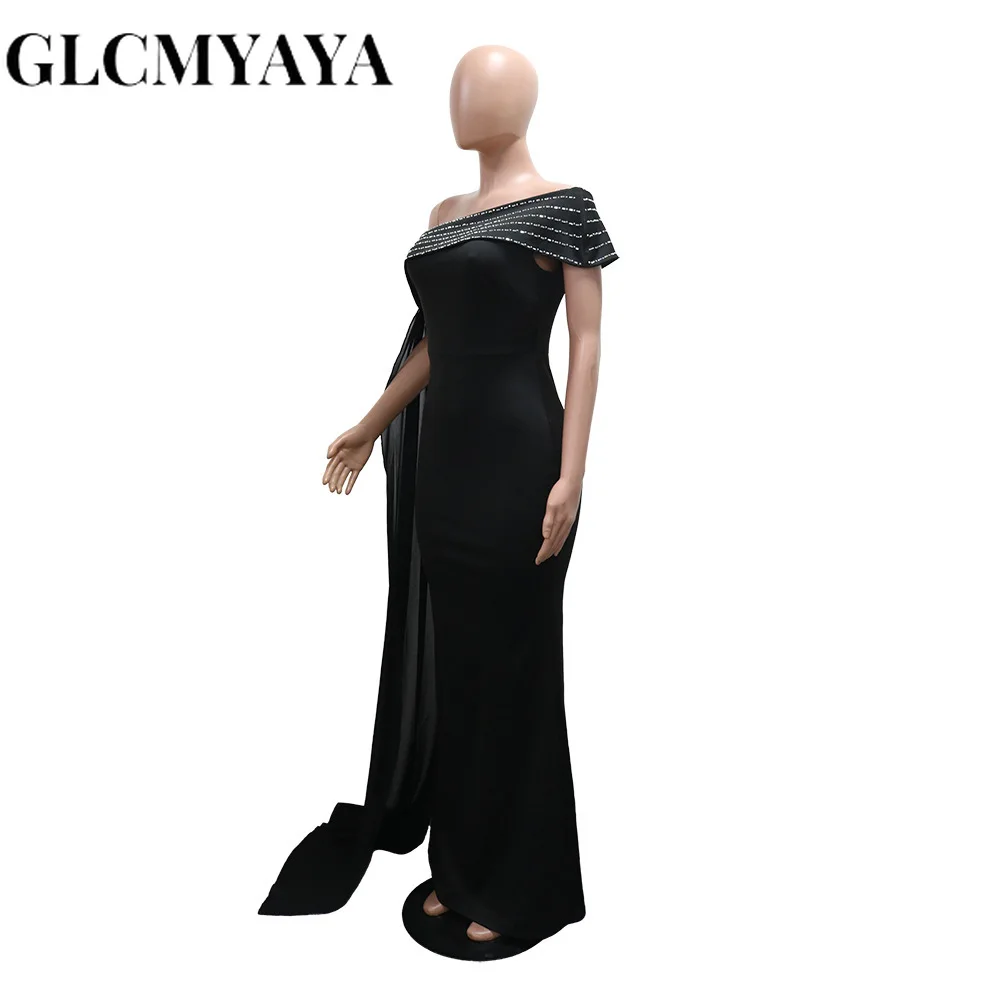 GLCMYAYA Street Women Diamonds Hot Rhinestones Skew Collar Bodycon Maxi Long Dress Fall Vacation Evening Party Dresses Vestidos