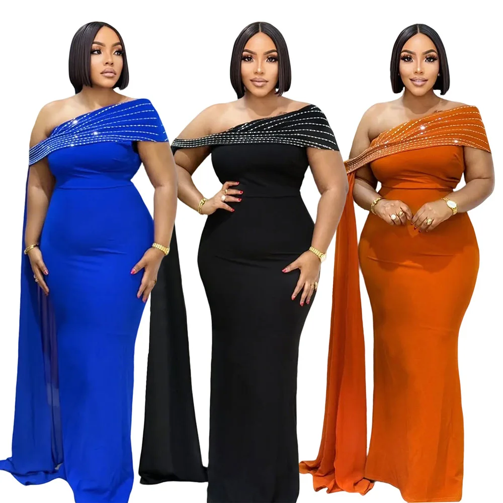 GLCMYAYA Street Women Diamonds Hot Rhinestones Skew Collar Bodycon Maxi Long Dress Fall Vacation Evening Party Dresses Vestidos