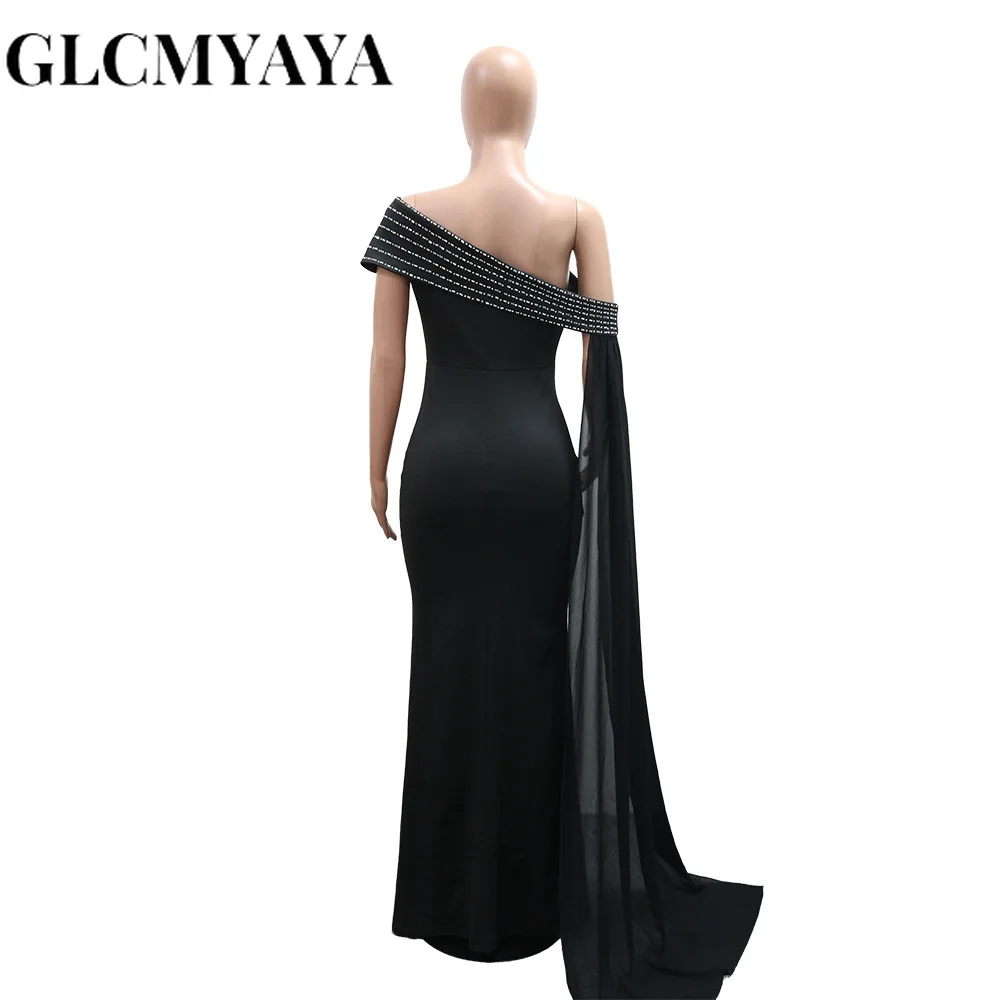 GLCMYAYA Street Women Diamonds Hot Rhinestones Skew Collar Bodycon Maxi Long Dress Fall Vacation Evening Party Dresses Vestidos