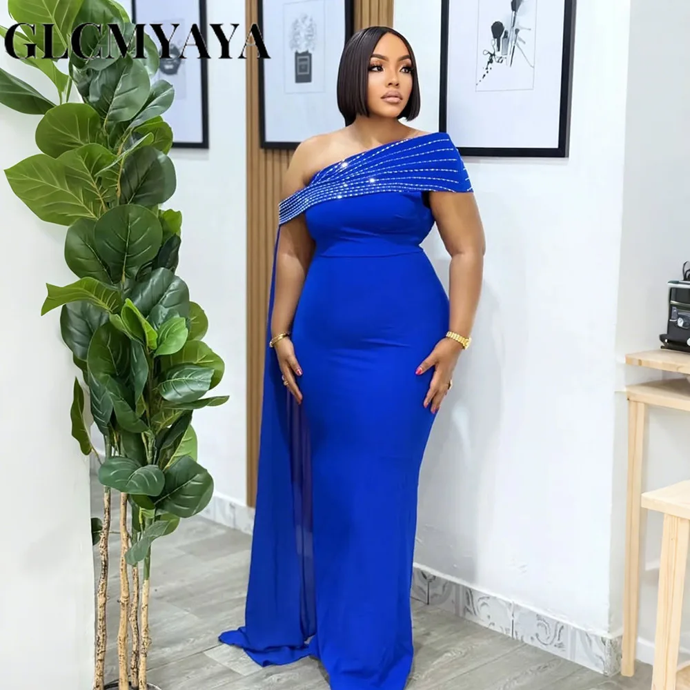 GLCMYAYA Street Women Diamonds Hot Rhinestones Skew Collar Bodycon Maxi Long Dress Fall Vacation Evening Party Dresses Vestidos